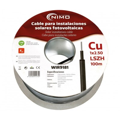 Cable para conexión de Placas Solares Cu-Sn 2,5mm² XLPE LSZH Negro 100m