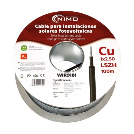 Cable para conexión de Placas Solares Cu-Sn 2,5mm² XLPE LSZH Negro 100m