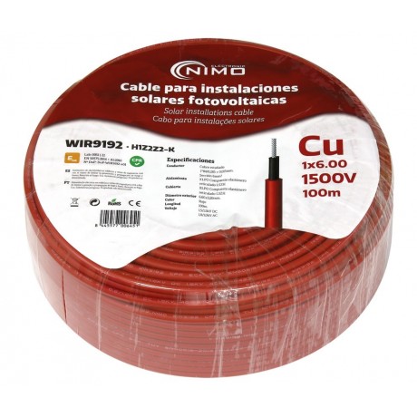 Cable para conexión de Placas Solares Cu-Sn 6.0mm2 Doble capa XLPO Rojo 100m