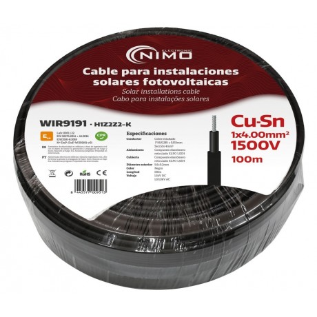 Cable para conexión de Placas Solares Cu-Sn 4mm² Doble capa XLPO Negro 100m