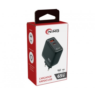 Cargador rápido USB Tipo-C + USB-A PD 65W GaN - CAR427