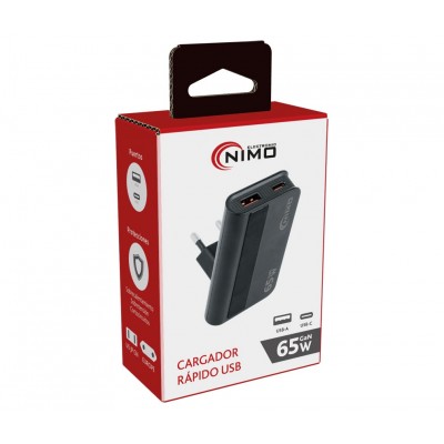Cargador rápido extraplano USB Tipo-C + USB-A PD 65W GaN - CAR428