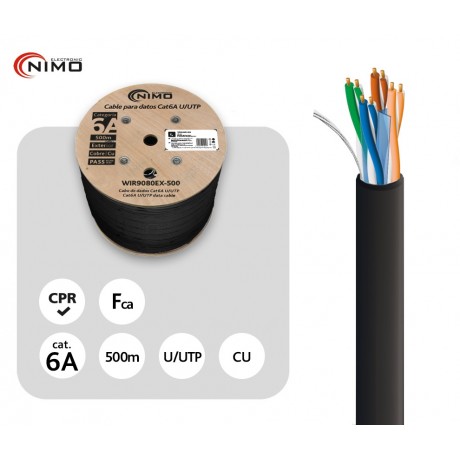 WIR9080EX-500 - Cable datos U/UTP CU Cat.6a AWG23 ext. negro 500m