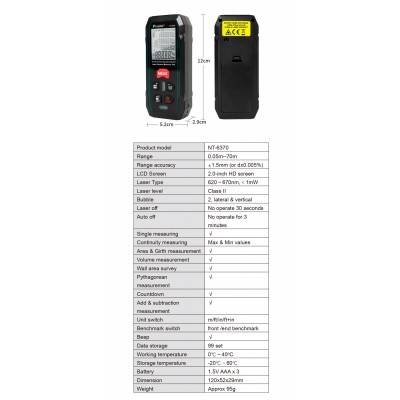 NT6370 - Medidor de distancia láser hasta 70m, Proskit