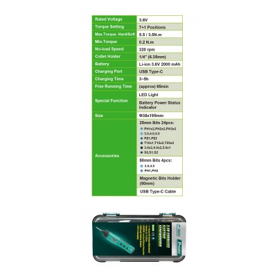 PT-1366U Destornillador inalámbrico recargable por USB-C de Proskit