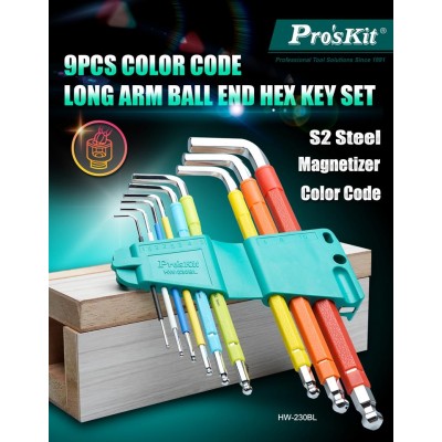 HW-230BL Juego de llaves allen extra largas colores con magnetizador de Proskit