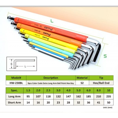 HW-230BL Juego de llaves allen extra largas colores con magnetizador de Proskit