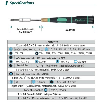 SD-9828 Juego de destornilladores de precisión profesional con 58pcs de Proskit