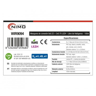 Rollo de Cable para alarma y portero libre de Halógenos LSZH y CPR 100M - WIR9094