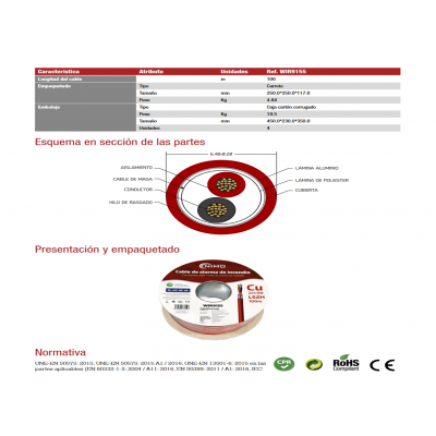 Rollo de Cable blindado para alarma de incendios LSZH, Cobre 100m - WIR9155