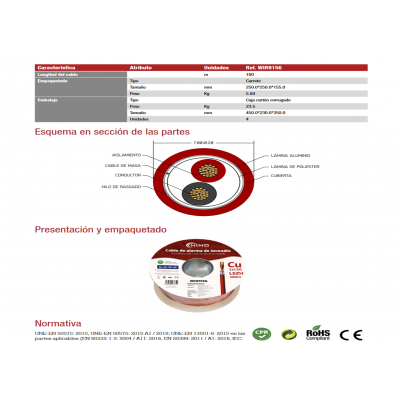 Rollo de Cable blindado para alarma de incendios LSZH, Cobre 100m - WIR9156