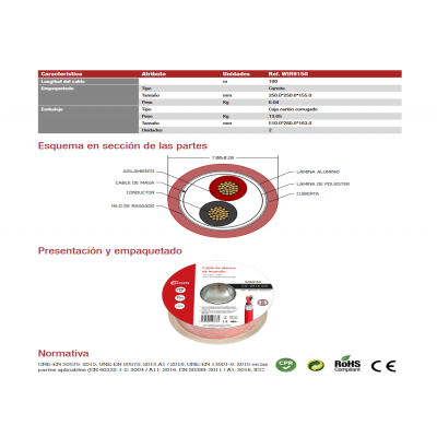 Rollo de Cable blindado alarma e incendios LSZH, Cobre 100M - WIR9150