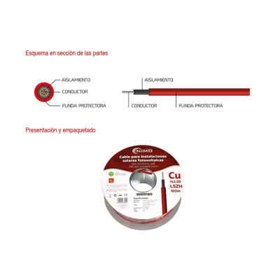 Cable para conexión de Placas Solares Cu-Sn 2,5mm² XLPE LSZH Rojo 100m