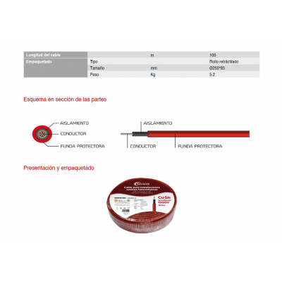 Cable para conexión de Placas Solares Cu-Sn 4mm² Doble capa XLPO Rojo 100m