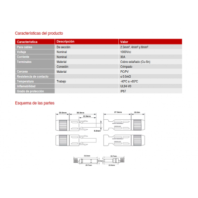 PV-HAO 01 Conector MC4 macho-hembra para conexionado de placas solares (Bolsa 10 unidades)
