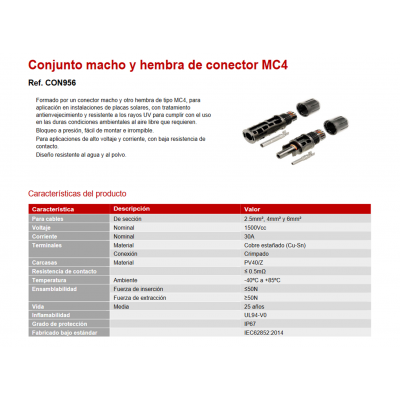 CON956 Conector MC4 M-H para placas solares, 2.5-6mm² 1500V (Bolsa 10 unidades)