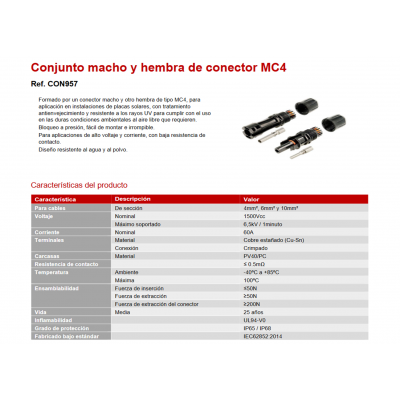 CON957 Conector MC4 M-H para placas solares, 4, 6 y10mm² 1500V (Bolsa 10 unidades)
