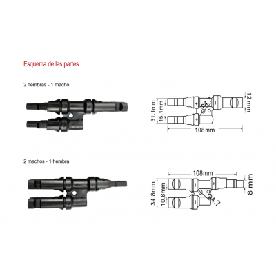 CON958 Conector empalmador MC4 macho-hembra placas solares 2:1 (Bolsa 5 unidades)