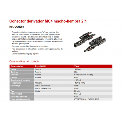 CON958 Conector empalmador MC4 macho-hembra placas solares 2:1 (Bolsa 5 unidades)