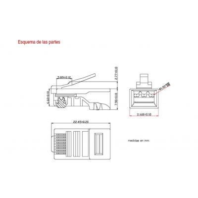 Conector modular RJ45 para datos UTP Cat.6 Pines con 3µ Oro (Bolsa 100 unidades) - CON919