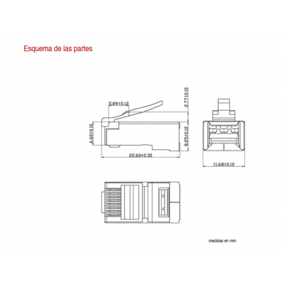 Conector modular RJ45 para datos FTP Cat.6 Pines con 50µ Oro (Bolsa 100 unidades) - CON922