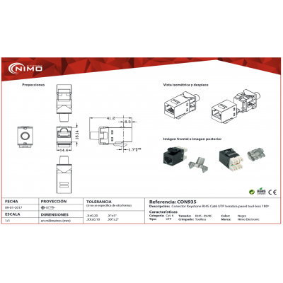 Conector Keystone RJ45 Cat6 UTP hembra Tool-less 180º (Bolsa 25 unidades) - CON935