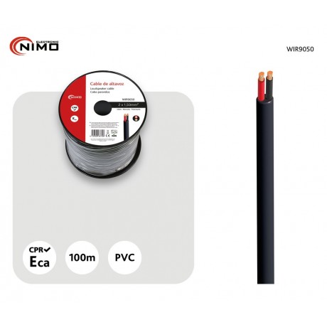 Rollo de cable de altavoz redondo 2x1,50mm, negro de 100m - WIR9050