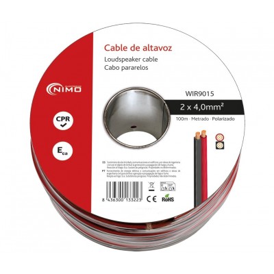 Rollo de cable de altavoz 2x4.00mm, rojo y negro 100m - WIR9015