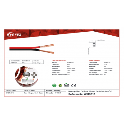 Rollo de cable de altavoz 2x4.00mm, rojo y negro 100m - WIR9015