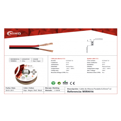 Rollo de cable de altavoz 2x0.35mm, rojo y negro 100m - WIR9016