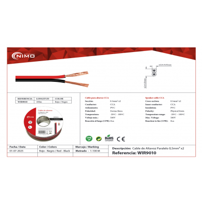 Rollo de cable de altavoz 2x0.50mm Rojo/Negro de 100m - WIR9010