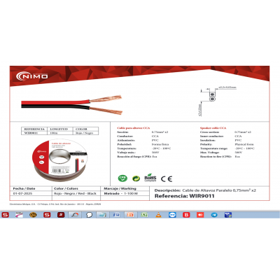 Rollo de cable de altavoz 2x0.75mm Rojo/Negro de 100m - WIR9011