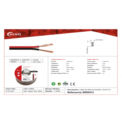 Rollo de cable de altavoz 2x1.50mm Rojo/Negro de 100m - WIR9013