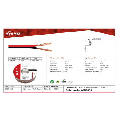 Rollo de cable de altavoz 2x2.50mm Rojo/Negro de 100m - WIR9014