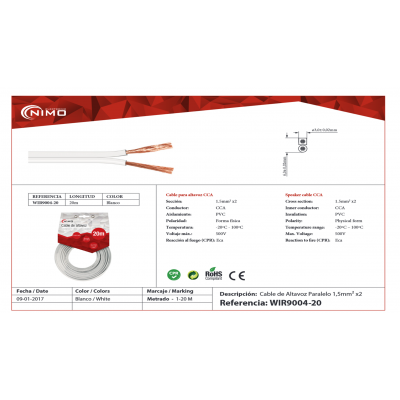 Cable para altavoz 2x1.50mm Blanco Polarizado de 20m - WIR9004-20