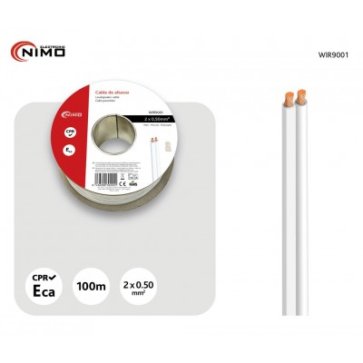 WIR9001 Rollo de cable de altavoz 2x0,50mm Blanco Polarizado 100m