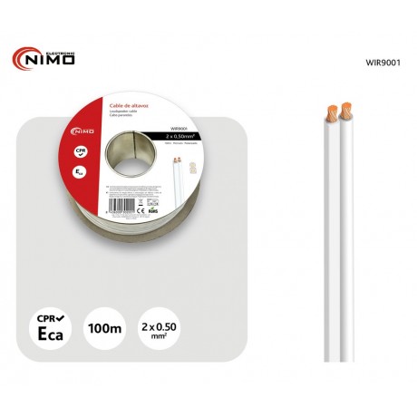 WIR9001 Rollo de cable de altavoz 2x0,50mm Blanco Polarizado 100m