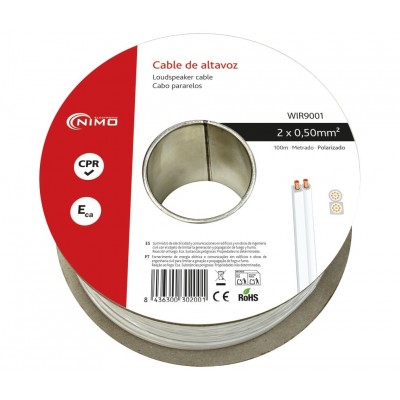 WIR9001 Rollo de cable de altavoz 2x0,50mm Blanco Polarizado 100m