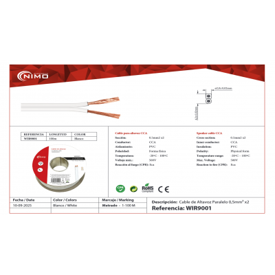 WIR9001 Rollo de cable de altavoz 2x0,50mm Blanco Polarizado 100m