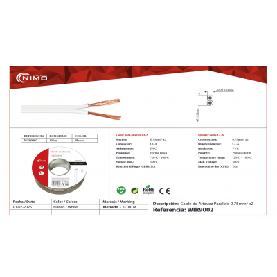 Rollo de cable de altavoz 2x0.75mm Blanco Polarizado 100m - WIR9002