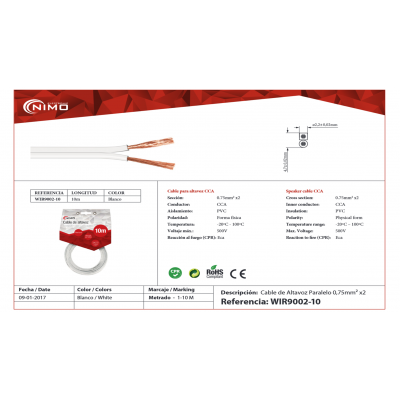 Cable de altavoz 2x0.75mm Blanco Polarizado 10m - WIR9002-10