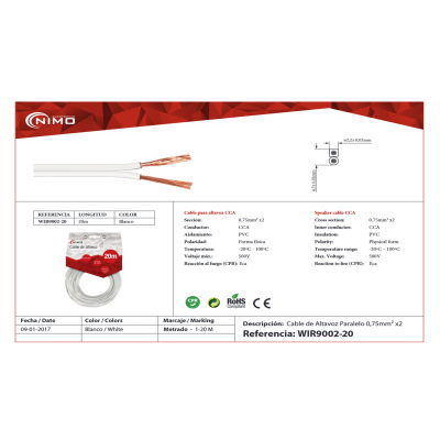 Cable de altavoz 2x0.75mm Blanco Polarizado 20m - WIR9002-20