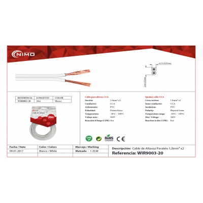 Cable de altavoz 2x1.00mm Blanco Polarizado de 20m - WIR9003-20