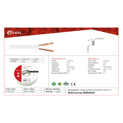 Rollo de cable de altavoz 2x2.50mm Blanco Polarizado de 100m - WIR9005