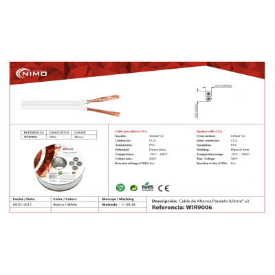 Rollo de cable de altavoz 2x4.00mm Blanco Polarizado de 100m - WIR9006