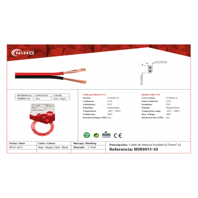 Cable de altavoz 2x0.75mm Rojo/Negro de 10m - WIR9011-10