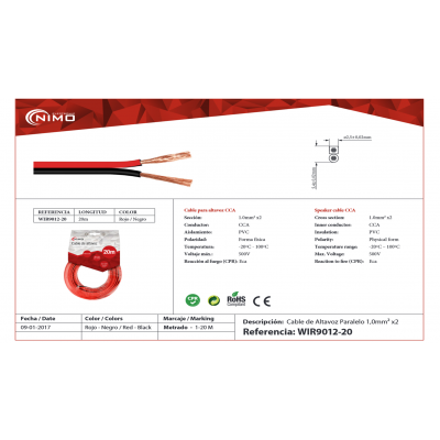 Cable de altavoz 2x1.00mm Rojo/Negro de 20m - WIR9012-20