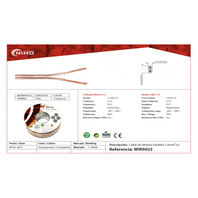 Rollo de cable de altavoz 2x1.50mm Transparente polarizado de 100m - WIR9023