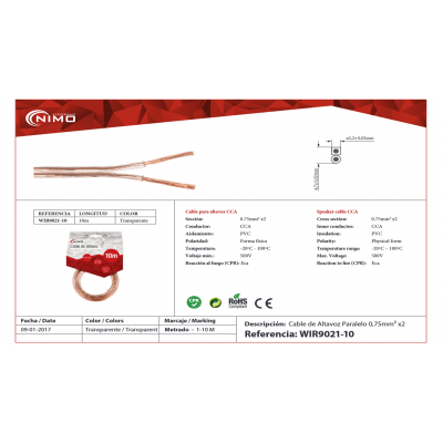Cable de altavoz 2x0.75mm Transparente polarizado de 10m - WIR9021-10