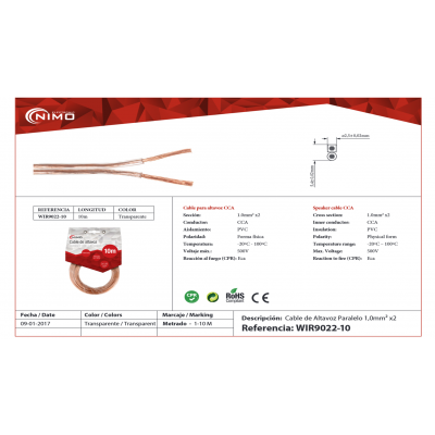 Cable de altavoz 2x1.00mm Transparente polarizado de 10m - WIR9022-10